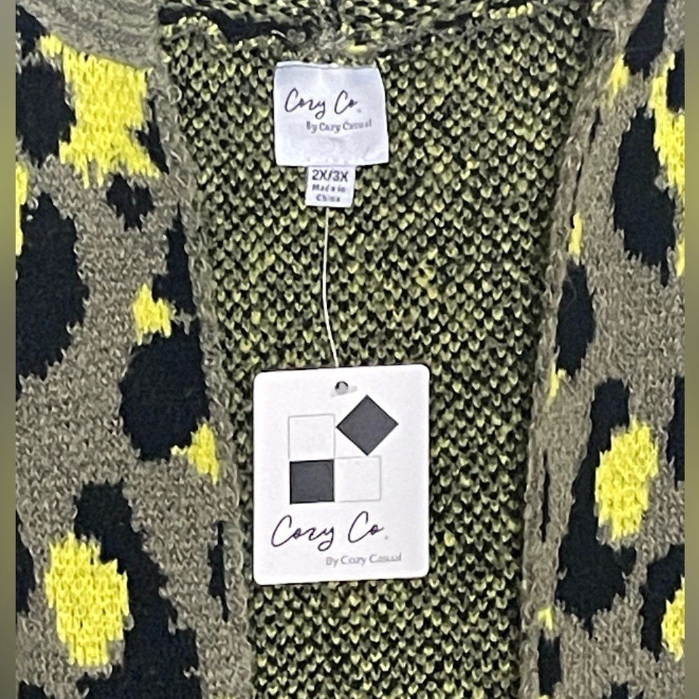 Cozy Casual Cheetah Print Duster Cardigan Sweater w/ Hood, Grn/Blk, Sz 2X-3X - Picture 7 of 12